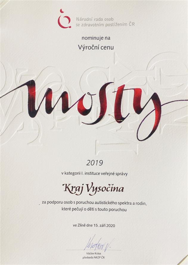 Mosty 2019 – 1.místo v kategorii I. instituce veřejné správy za podporu osob s poruchou autistického spektra a rodin, které pečují o děti s touto poruchou